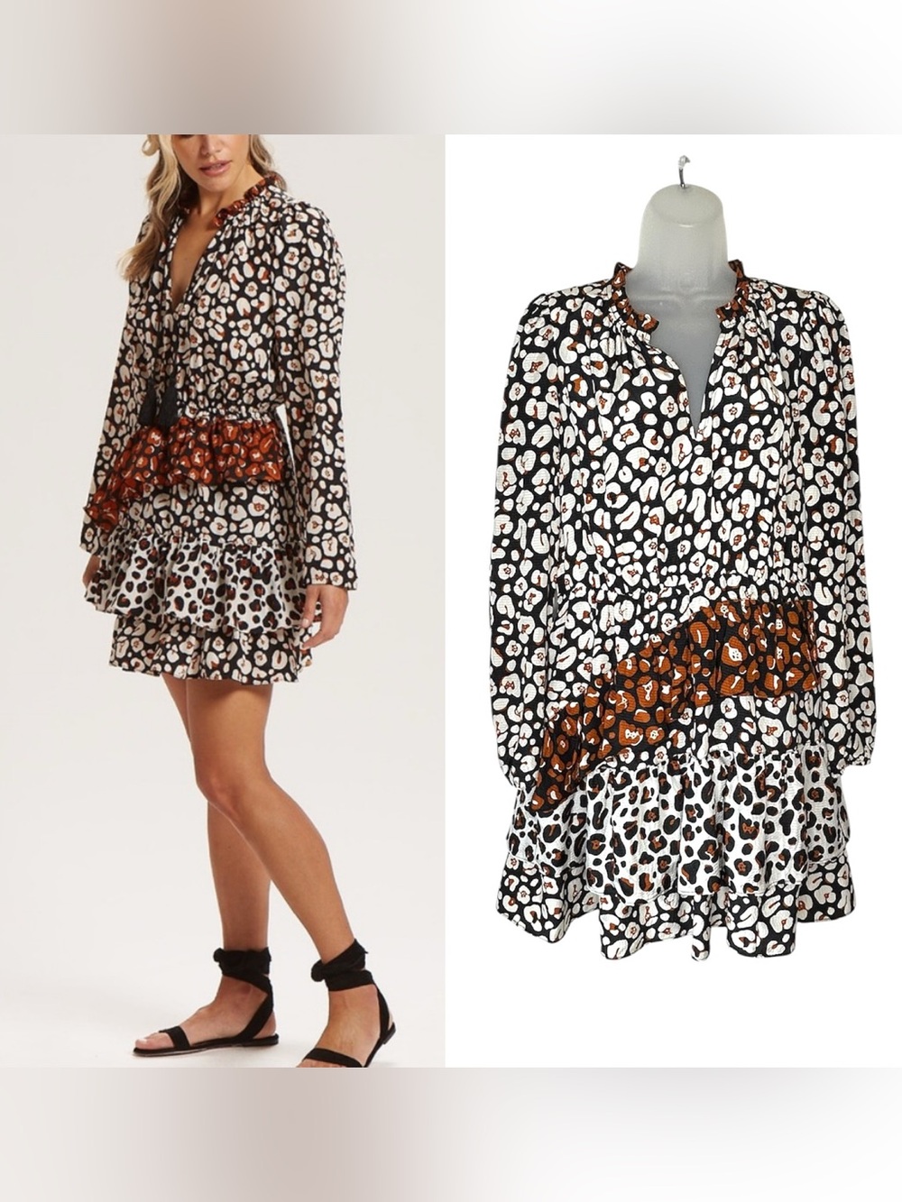 MARIE OLIVER Women Sz S Charley Silk Leopard Animal V Neck Tiered Mini Dress.